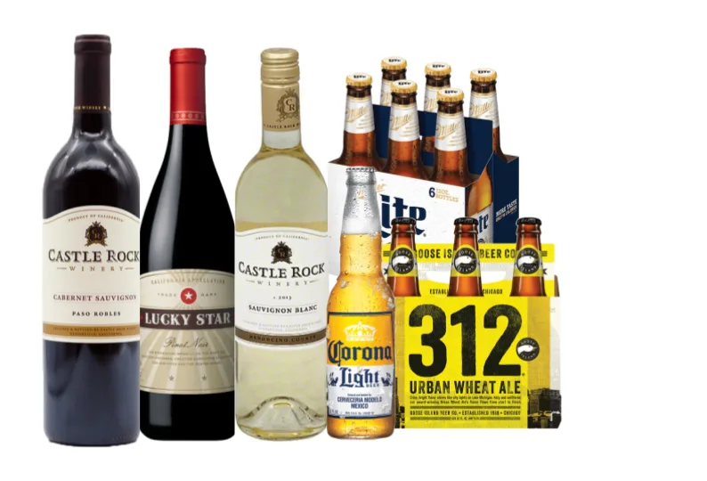 Wine and beer lineup: Castle Rock Cabernet Sauvignon and Sauvignon Blanc, Lucky Star Pinot Noir, Miller Lite, Corona Light and 312 Urban Wheat Ale